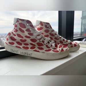 Saint Laurent White Canvas High-Top Sneakers with Red Lip Motif size 38